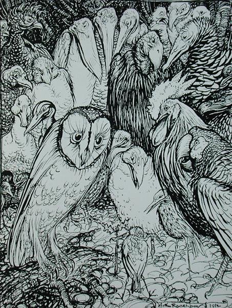 フクロウと鳥」（『イソップ寓話集』より）（ハイネマン社刊 作： アーサー・ラッカム