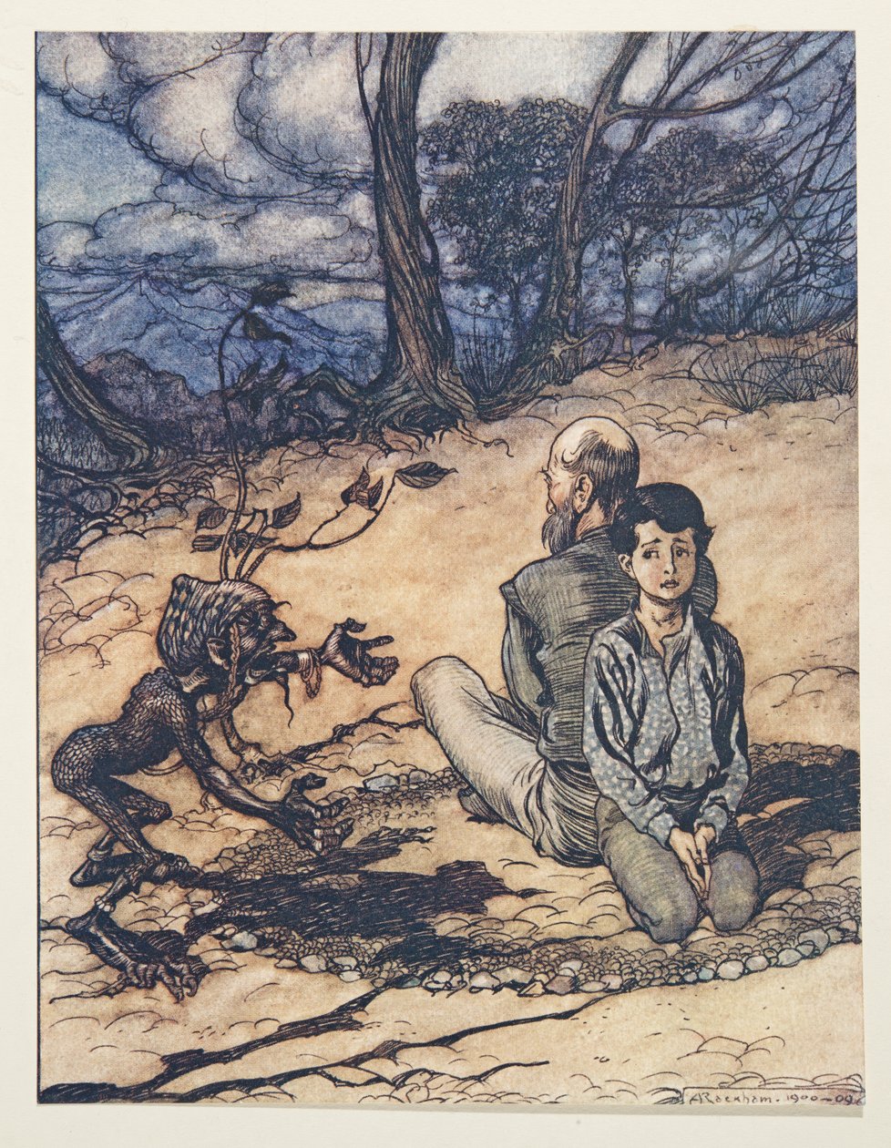 息子は輪を作って、彼の父と彼はその中で彼らの場所を取りました、そして小さな黒いマンニキンはパブのグリム兄弟の童話から現れました。 1909 作： アーサー・ラッカム