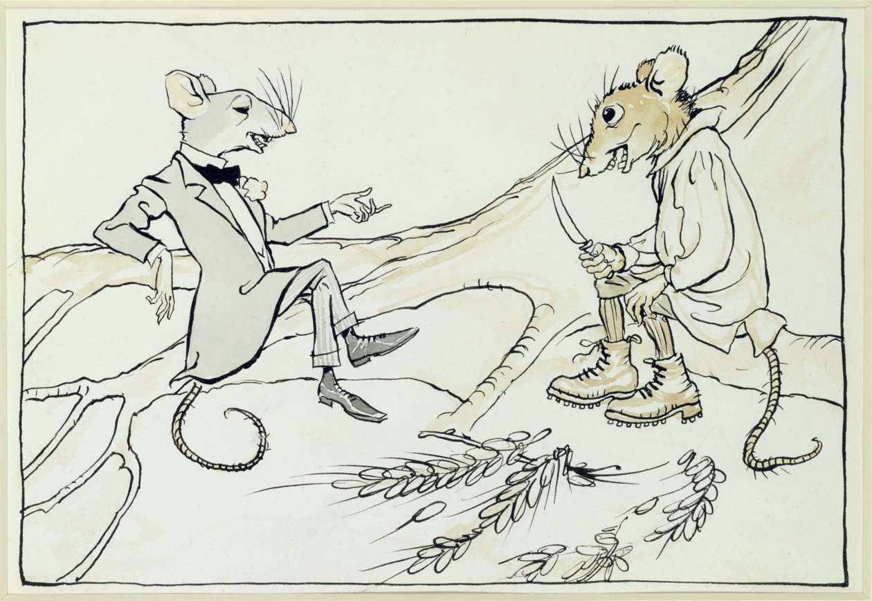 タウンマウスとカントリーマウス、イソップ寓話のイラスト、1912年に公開（紙にトイレ付きペンとインク） 作： アーサー・ラッカム