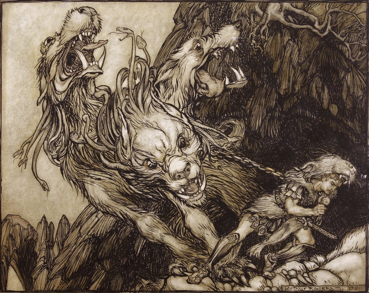 ヘラクレスの十二番目の労働、BG NiebuhrによるThe Greek Heroesのイラスト、1903年（紙にペンとインクとトイレ） 作： アーサー・ラッカム