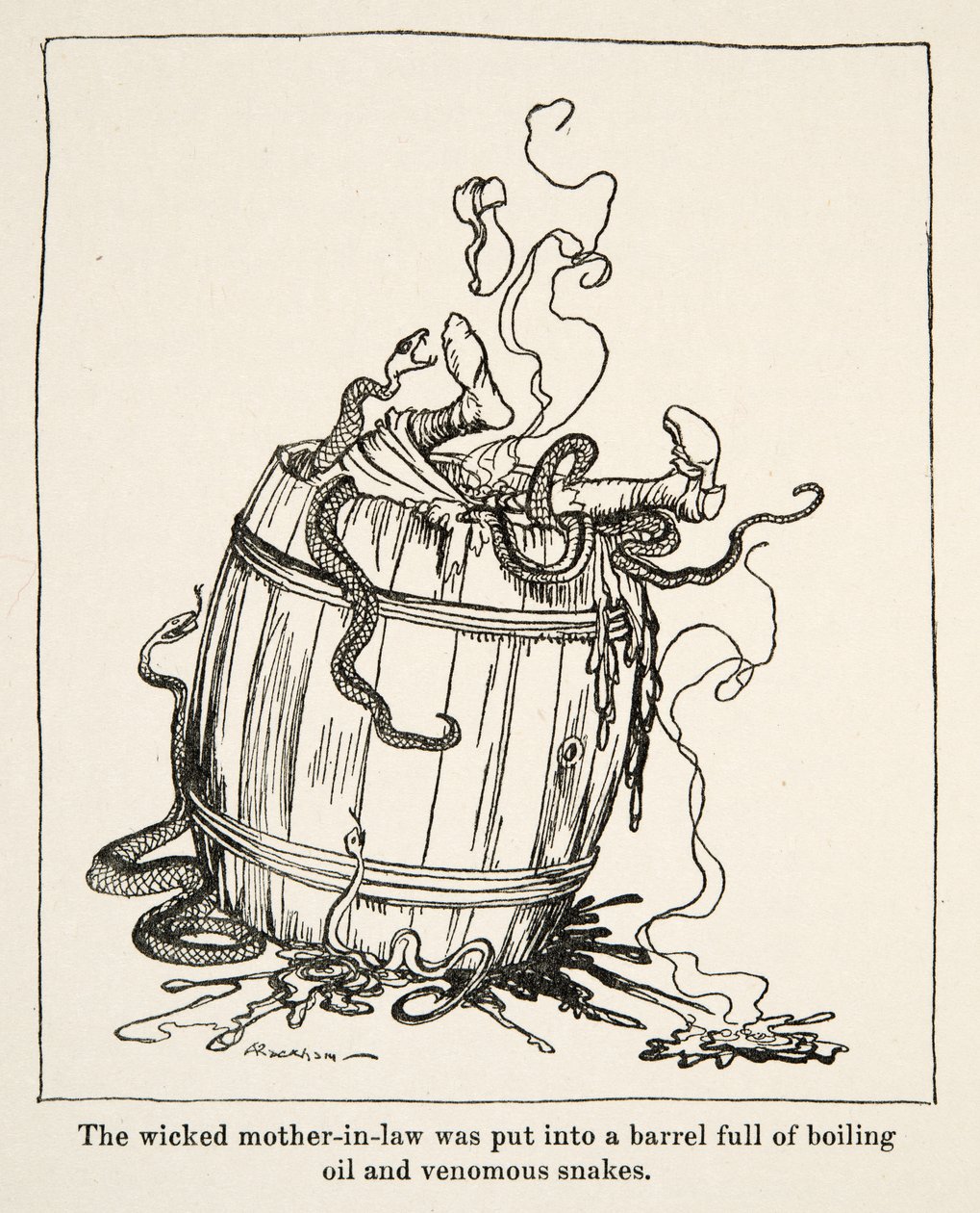 1917年に出版されたグリム兄弟の「Little Brother & Little Sister and Other Tales」の中の「悪い義理の母は、煮えたぎる油と毒蛇の入った樽に入れられた」という話。 作： アーサー・ラッカム