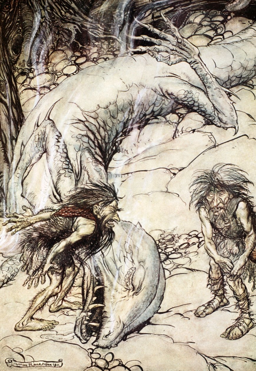 「ファフナーの死体をめぐって喧嘩するドワーフ」、1924年。 作： アーサー・ラッカム