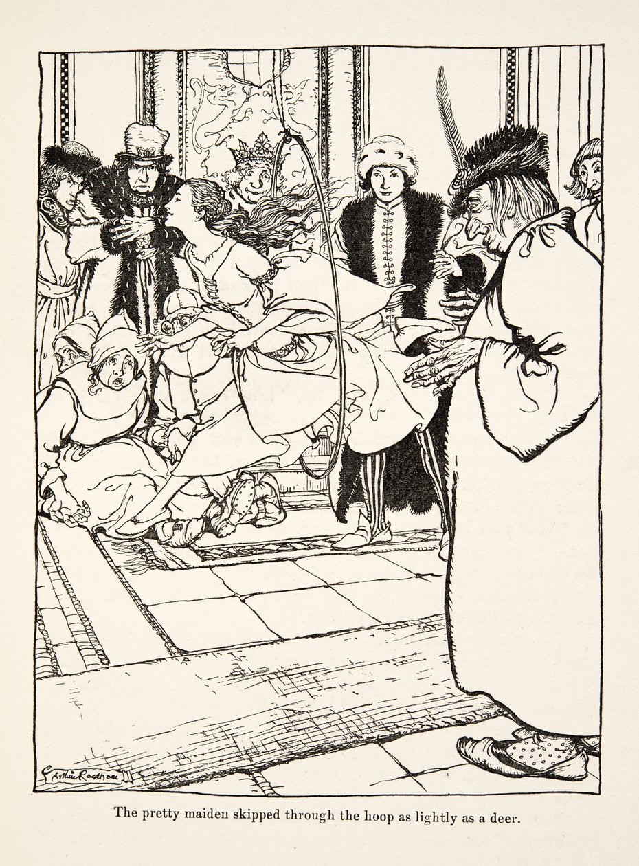 グリム兄弟の「Little Brother & Little Sister and Other Tales」（1917年出版）より、可愛い乙女が鹿のように軽やかにフープをくぐり抜けます。 作： アーサー・ラッカム
