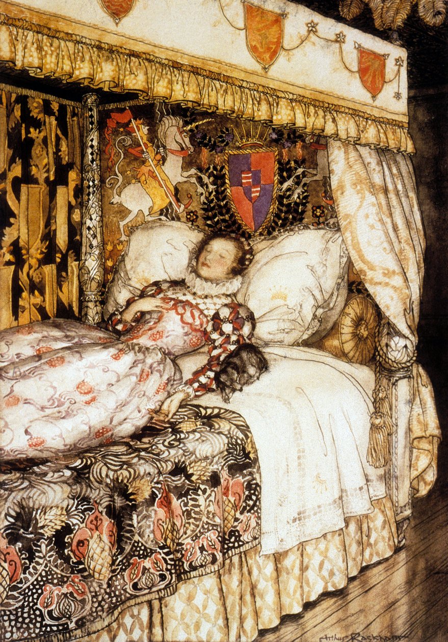 シャルル・ペロー「眠れる森の美女」の物語のための、アーサー・ラッカムによる眠っている王女のイラスト 作： アーサー・ラッカム