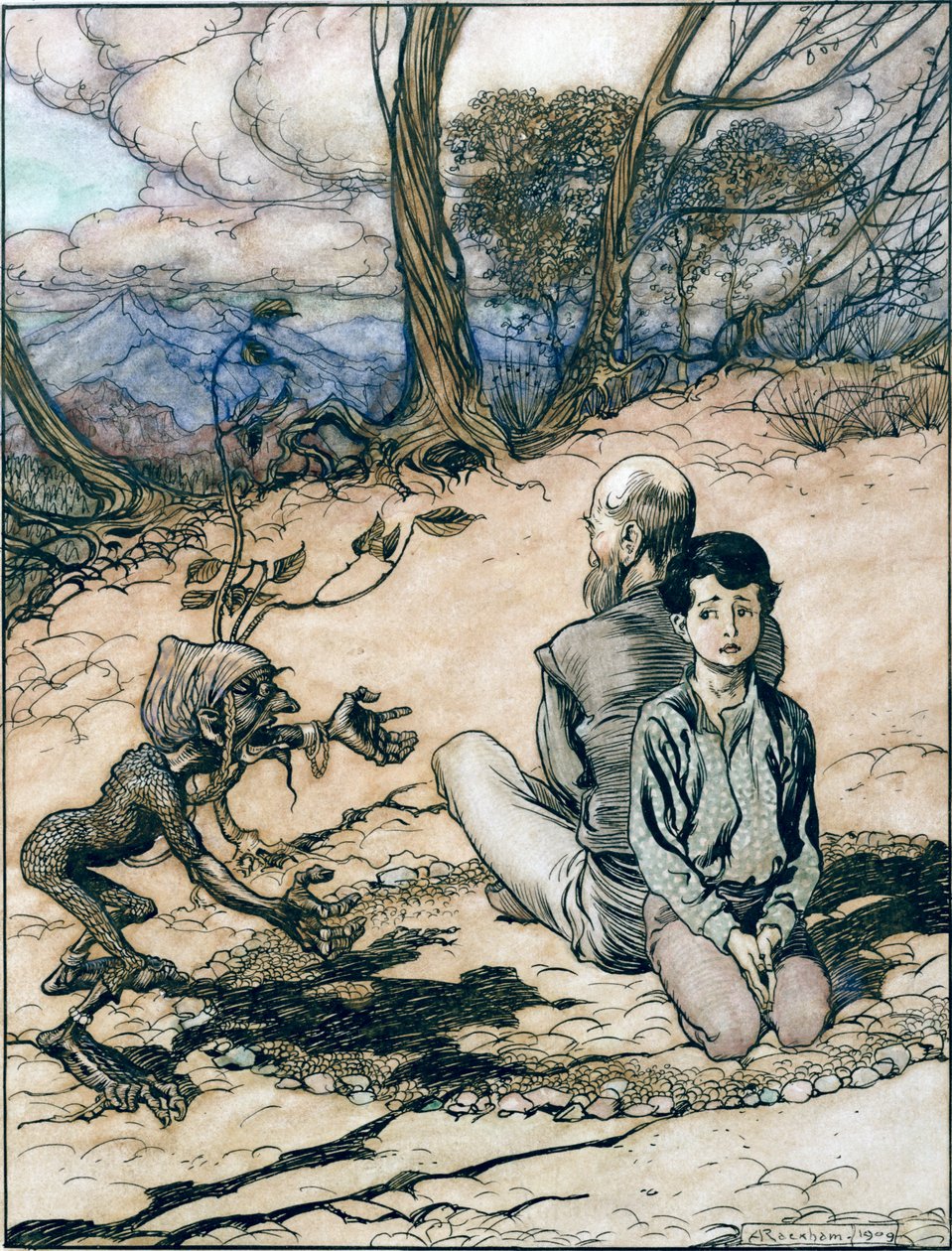 息子が輪を作り、その父親と彼はその中で場所を取りました、そして小さな黒いマンニキンが現れました、グリム兄弟のおとぎ話の黄金の山の王からのイラスト、 作： アーサー・ラッカム