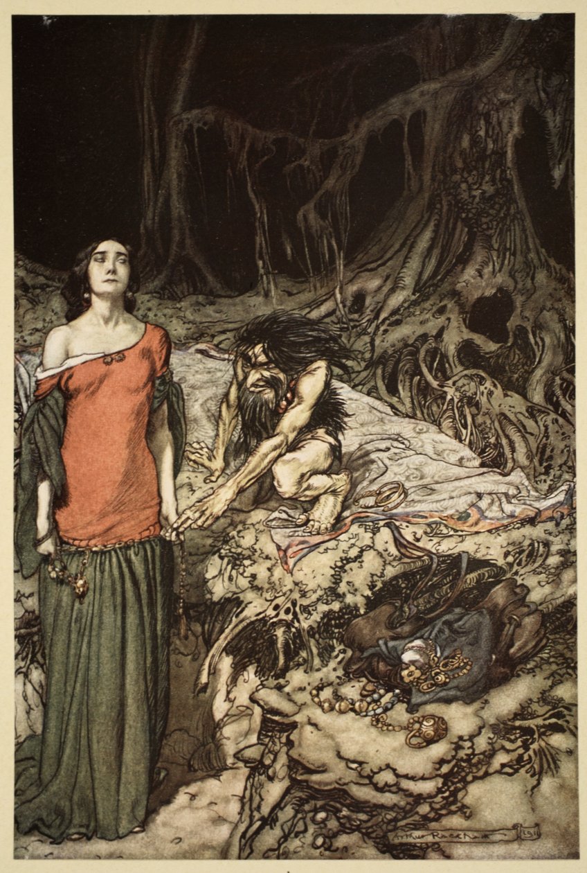 1910年の「ジークフリートと神々の黄昏」からのハーゲンの母、グリムヒルデの求愛 作： アーサー・ラッカム