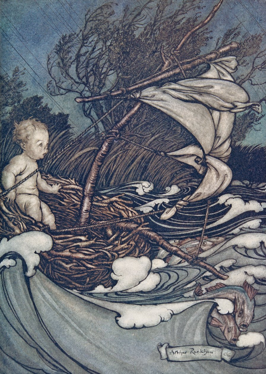 そこに強大な嵐が起こり、彼はあちこちに投げられました。 1906 作： アーサー・ラッカム