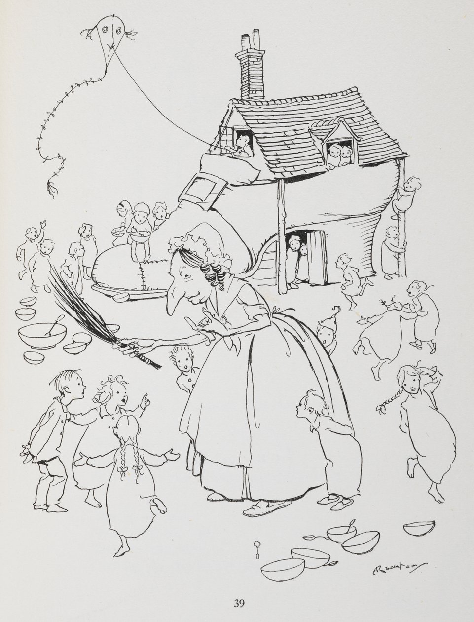 靴に住んでいるおばあさんがいました。 靴屋とたくさんの子供を持つ女性。 作： アーサー・ラッカム