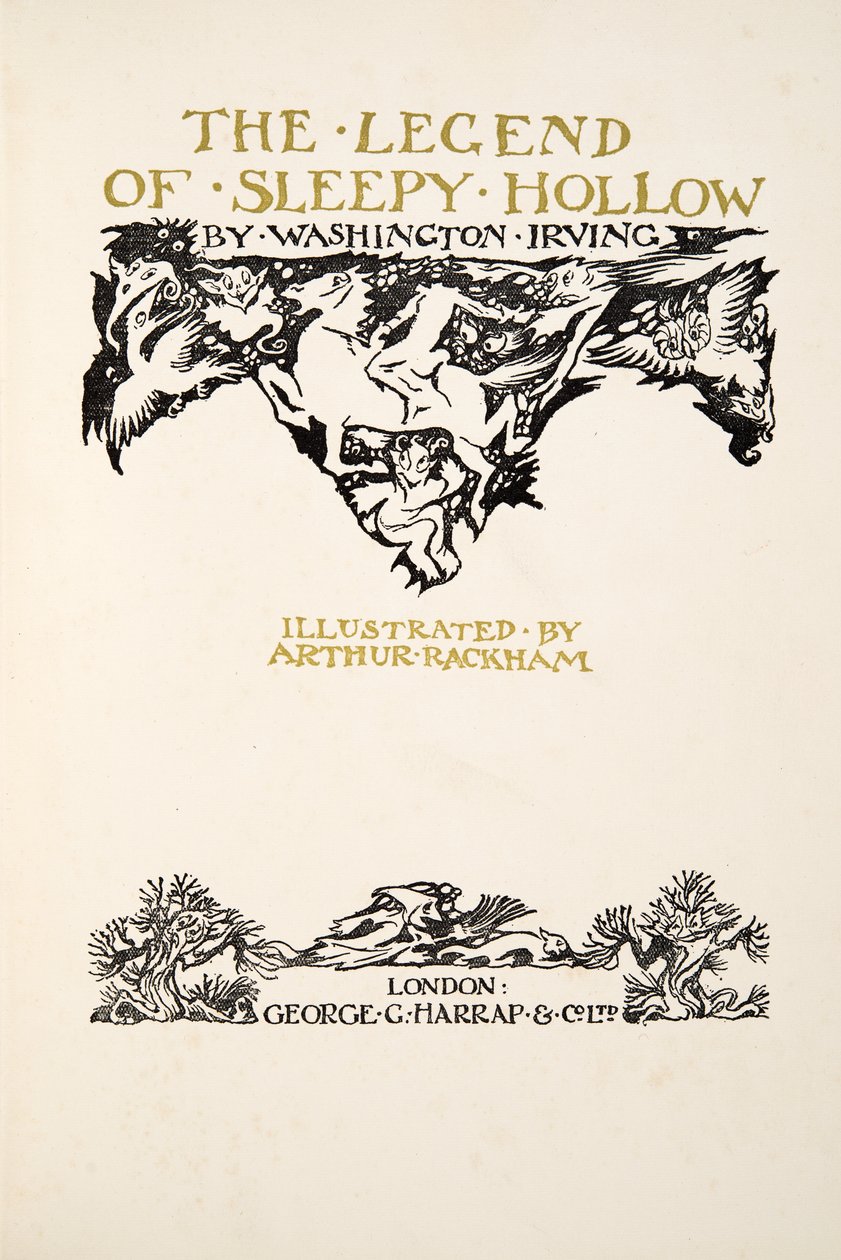 タイトルページ、The Legend of Sleepy Hollow、Washngton Irving（1783-1859）、pubから。 1928 作： アーサー・ラッカム