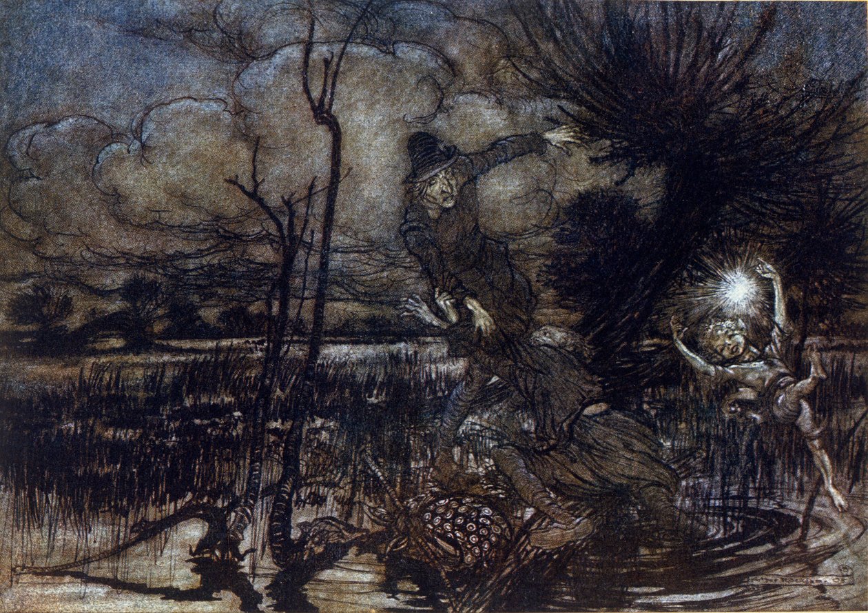 沼地で溺れ損ねた二人の登場人物をパックが火で助ける。アーサー・ラッカム（1867-1939）によるウィリアム・シェイクスピア作『夏の夜の夢』の挿絵 作： アーサー・ラッカム