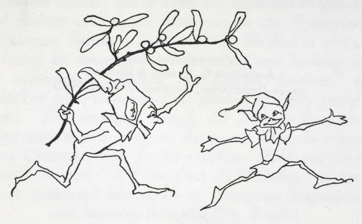 Dois elfos brincando, um carregando um raminho de visco 作： アーサー・ラッカム