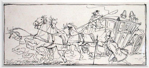 今日の馬車は何でこんなに重いのだろう」トーマス・インゴールズビー著「The Ingoldsby Legends, or Mirth and Marvels」（1898年発行）の挿絵（紙にペンとインク）。 作： アーサー・ラッカム