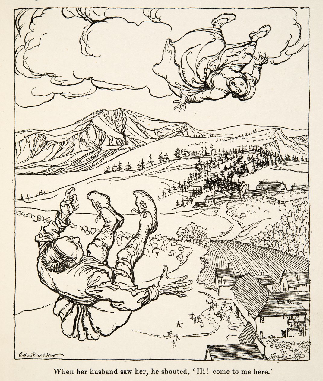 グリム兄弟の「Little Brother & Little Sister and Other Tales」（1917年）から、彼女を見た夫が「ハーイ！こっちにおいでよ」と叫んだという。 作： アーサー・ラッカム