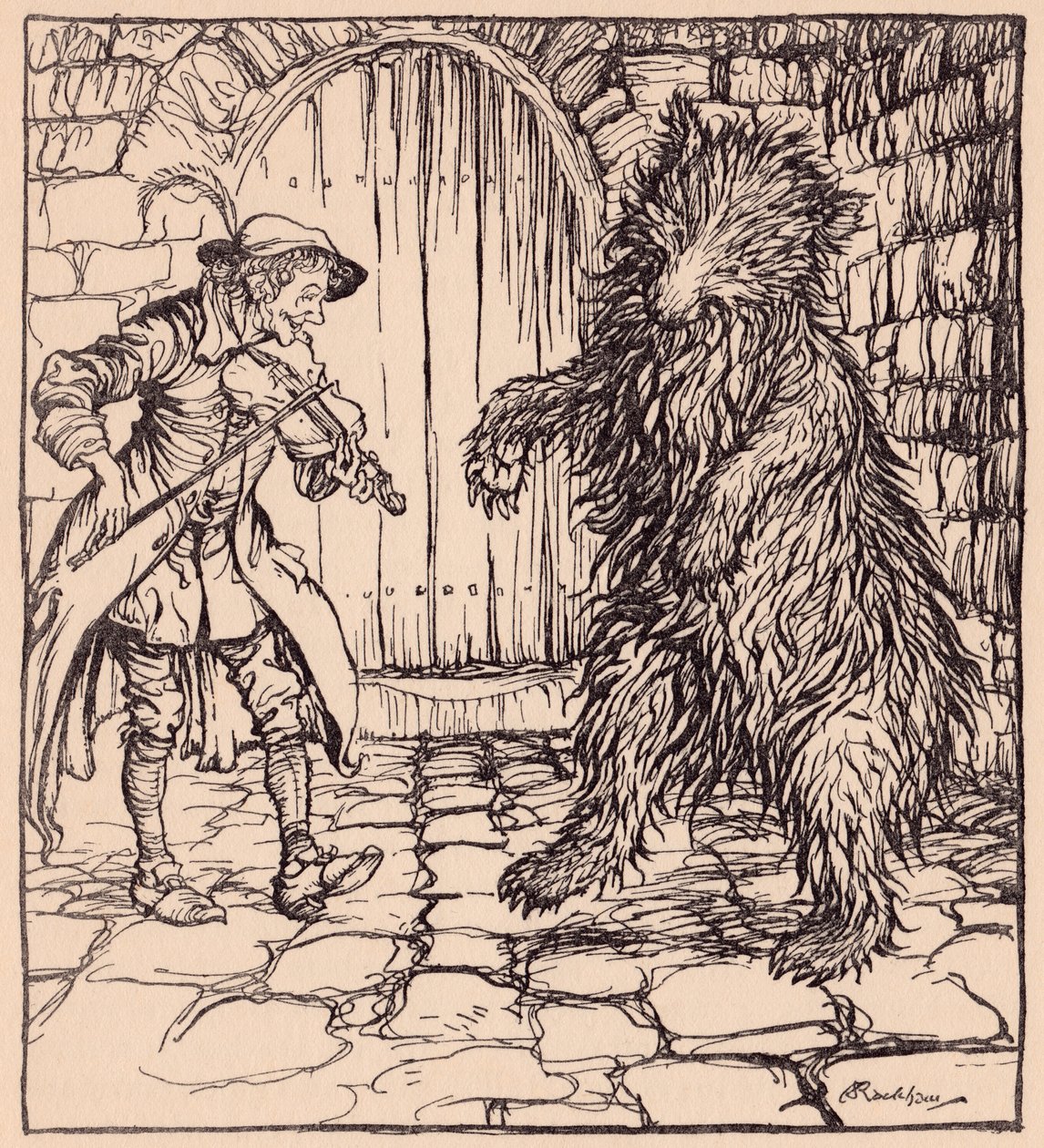 When the bear heard the music he could not help beginning to dance. Illustration by Arthur Rackham from Grimm