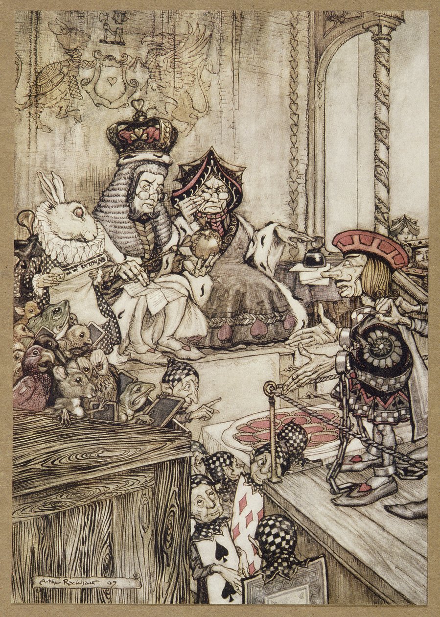 ルイス・キャロル著『不思議の国のアリス』より「タルトを盗んだのは誰？1907年（カラーリトグラフ）。 作： アーサー・ラッカム