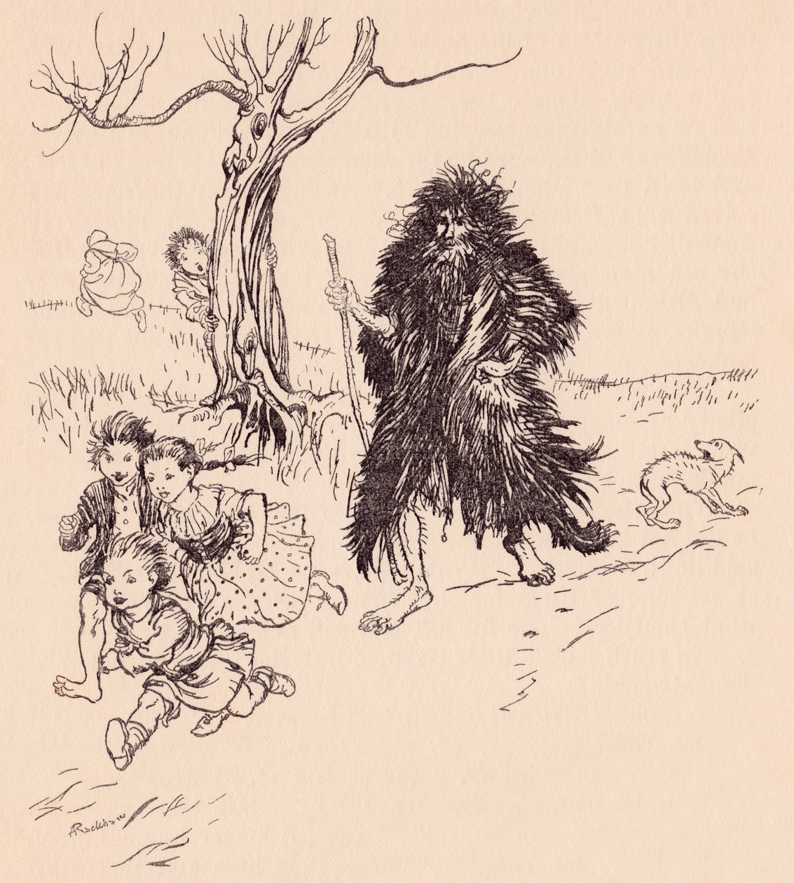 彼を見た人は誰でも逃げました。 グリム童話ベアスキンのアーサー・ラッカムによるイラスト。 作： アーサー・ラッカム