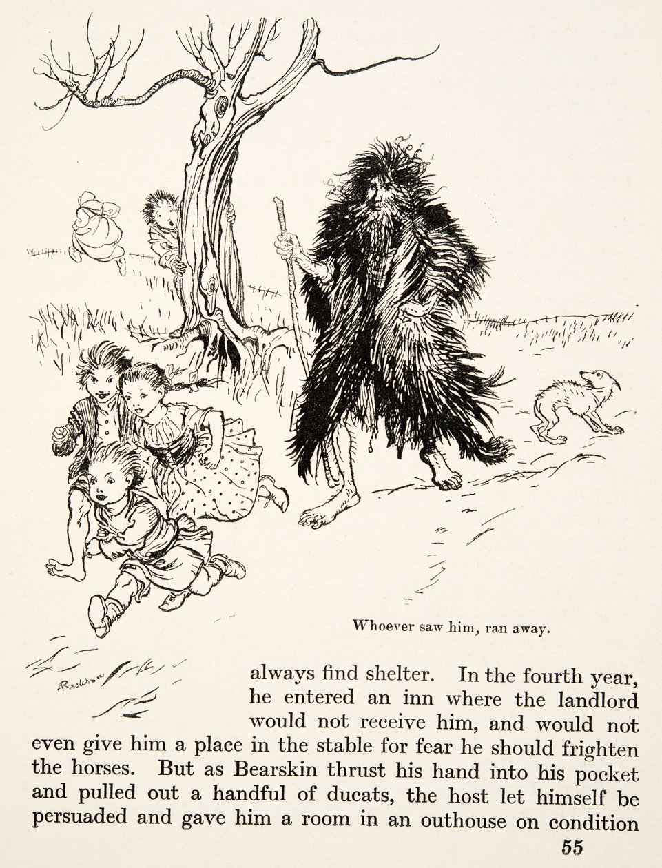 1917年に出版されたグリム兄弟の「Little Brother & Little Sister and Other Tales」から、「Little Brother & Little Sister and Other Tales」を見た人は逃げ出した。 作： アーサー・ラッカム
