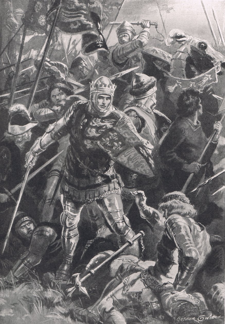 1415年10月25日、アジャンクールの戦いでのヘンリー5世とダクダランコン、「陸と海での英国の戦い」のイラスト、ロンドン、カッセル発行、1910年 作： アーサー・トワイドル