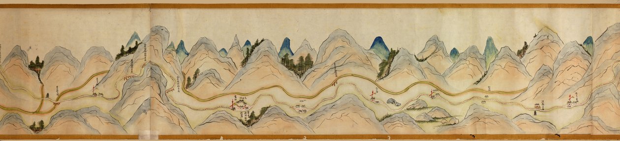 16,000。 提供されます。 北を右に向けます。 絵で示されているレリーフ。 鳥瞰図。 山西省宝鶏西安の濰河から山西四川国境の蜀道まで。 集落、休憩所、駅、旅館、寺院、峠、城壁を表示 作： アーサー・W・ハメル