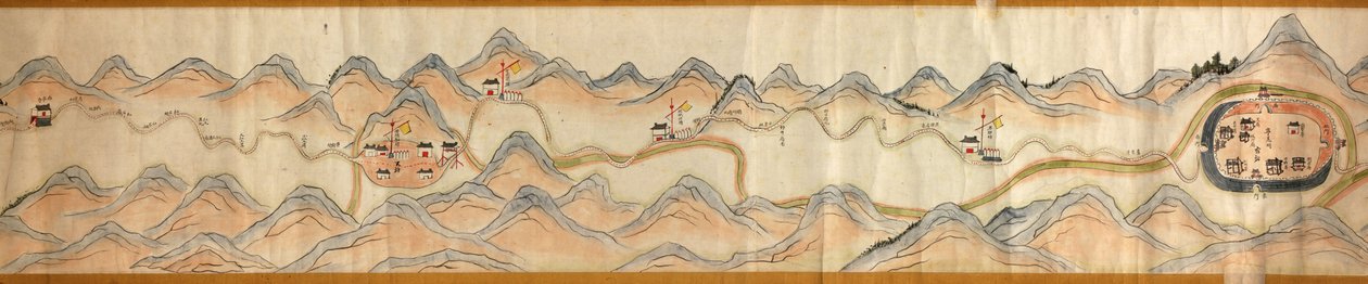 16,000。 提供されます。 北を右に向けます。 絵で示されているレリーフ。 鳥瞰図。 山西省宝鶏西安の濰河から山西四川国境の蜀道まで。 集落、休憩所、駅、旅館、寺院、峠、城壁を表示 作： アーサー・W・ハメル