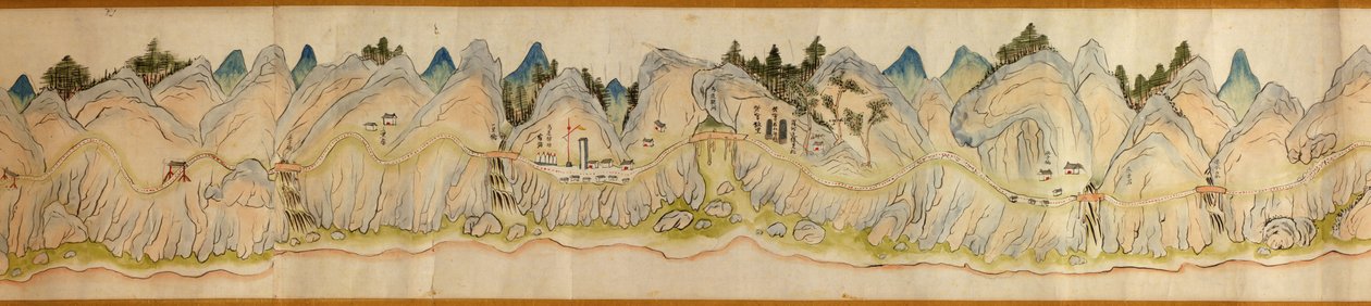 16,000。 供給されます。 北を右に向けます。 絵で示されているレリーフ。 鳥瞰図。 山西省宝鶏西安の濰河から山西四川国境の蜀道まで。 集落、休憩所、駅、旅館、寺院、峠、城壁を表示 作： アーサー・W・ハメル
