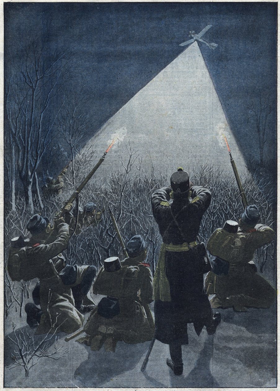 1913:ガリシアの辺境で、オーストリア軍がロシアの偵察飛行（対空砲火）を撃つ。 作： アーティスト不明
