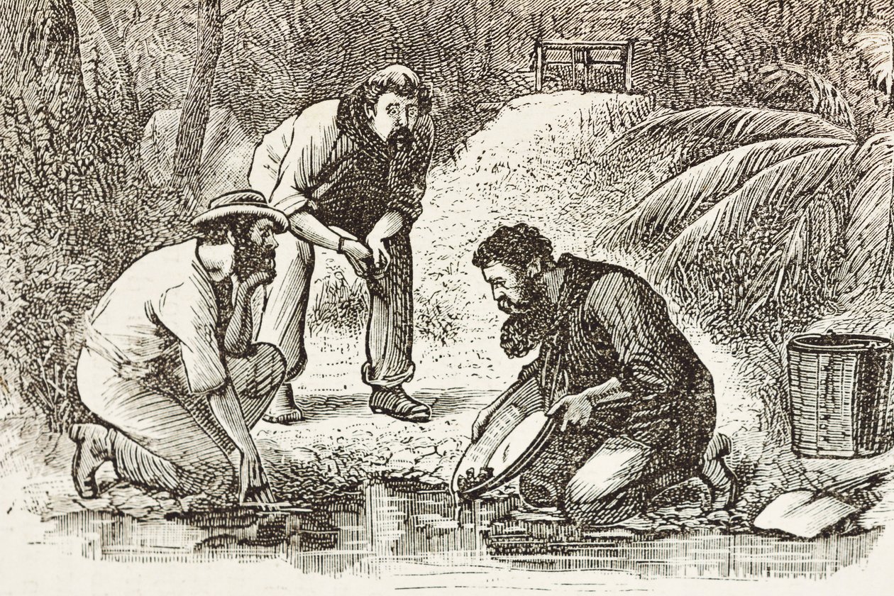 オーストラリア（1880年）。ボタニー・ベイ（1788年設立）における金鉱掘り人たちの生活。エングレーヴィング。個人蔵 作： アーティスト不明