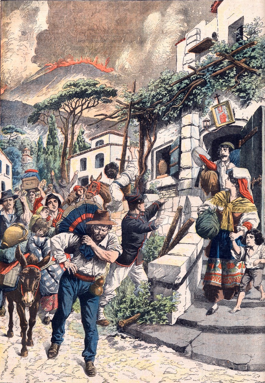ヴェスヴィオ火山の噴火、火山から逃げ惑う人々、1906年（プリント） 作： アーティスト不明