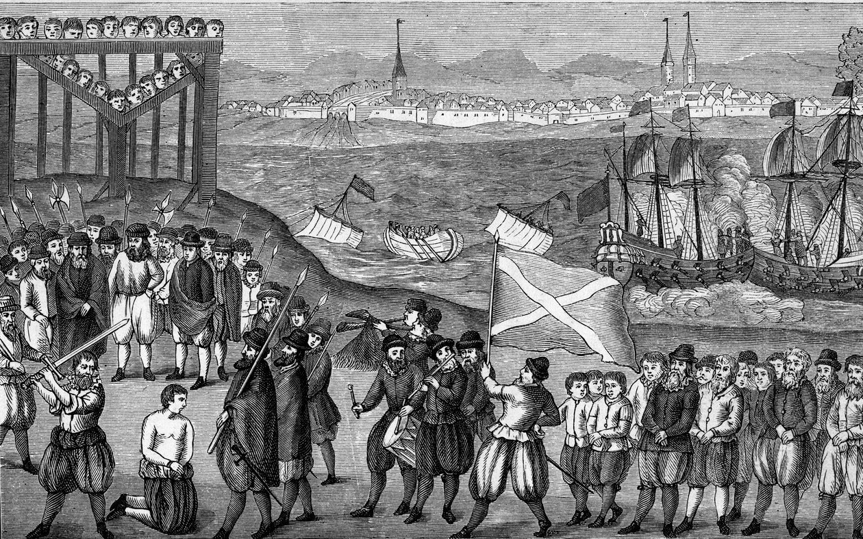 1401年にハンブルグで行われた、ドイツの有名な海賊クラウス・シュトルテベッカー（1360-1401）と共犯者71人の処刑。16世紀に描かれた図版を基にしたエングレーヴィング。 作： アーティスト不明