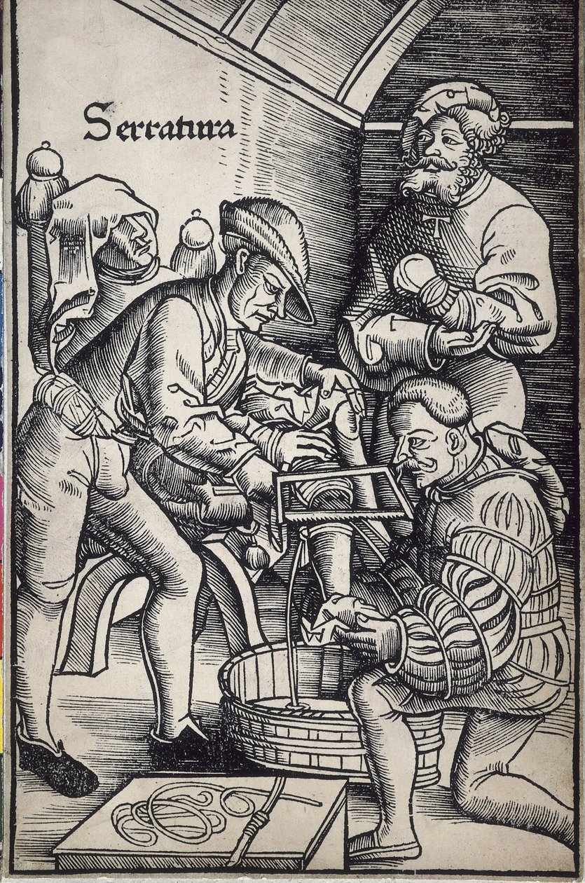 ゲルスドルフ，ハンス・フォン（1455 - 1529）。ドイツの外科医。脚の切断。ハンス・ヴェヒトリンによる "Feldtbuch der Wundartzney"（外科学の野戦書）のための木版画。 作： アーティスト不明
