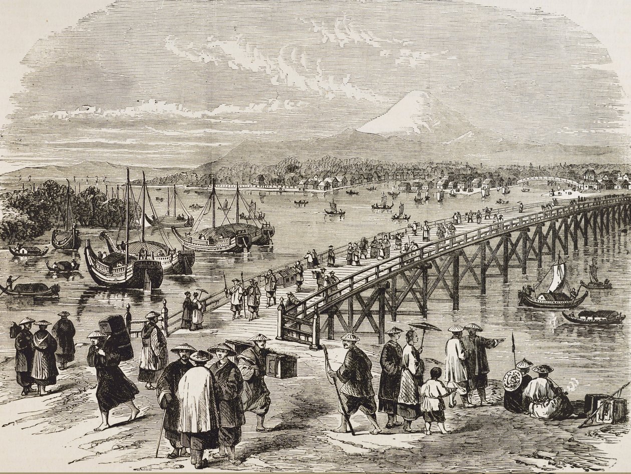 日本（C19th）.殿様川が横切る江戸の町。版画個人蔵 作： アーティスト不明