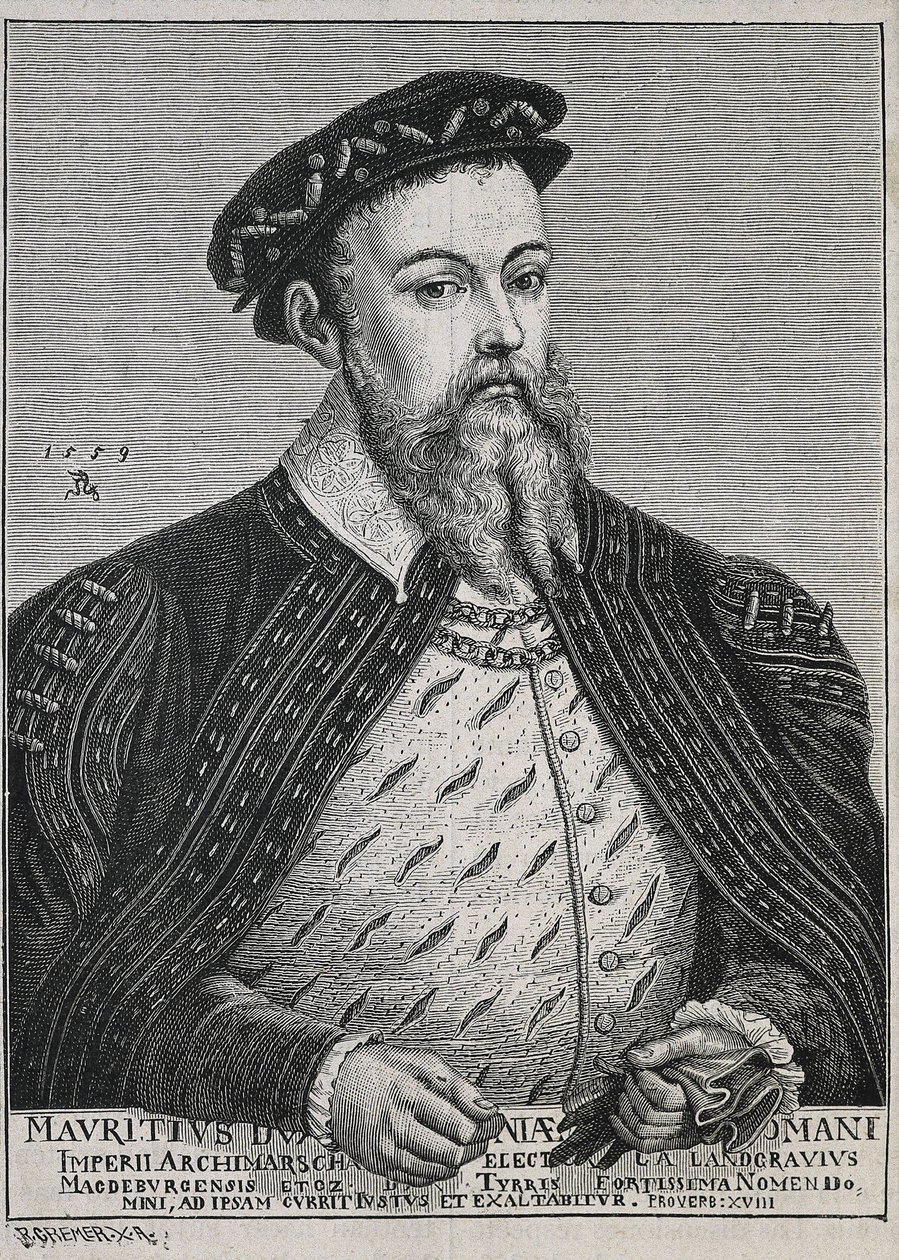 モーリス・オブ・ザクセン（1521-1553）。ザクセン公（1541-47）、後に選帝侯（1547-53）。1539年からプロテスタント。ルーカス・クラナッハの絵画に基づく肖像画。エングレーヴィング 作： アーティスト不明