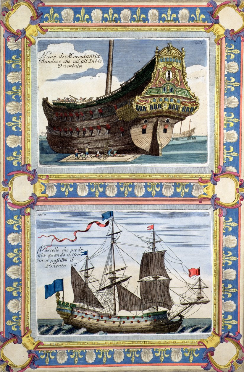 オランダ東インド会社所属の商船（カラー版画） 作： アーティスト不明