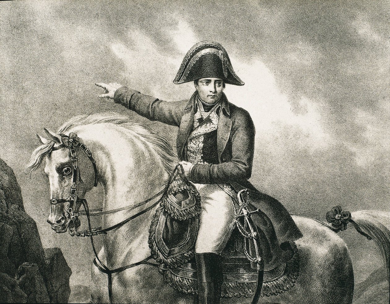 ナポレオン1世ボナパルト（1769-1821）。フランスの軍人、政治家、フランス皇帝（1804-1815）。ジョゼフ・シャボールによるオリジナルの肖像画をモチーフにしたナポレオンの騎馬像の詳細。エングレーヴィング 作： アーティスト不明