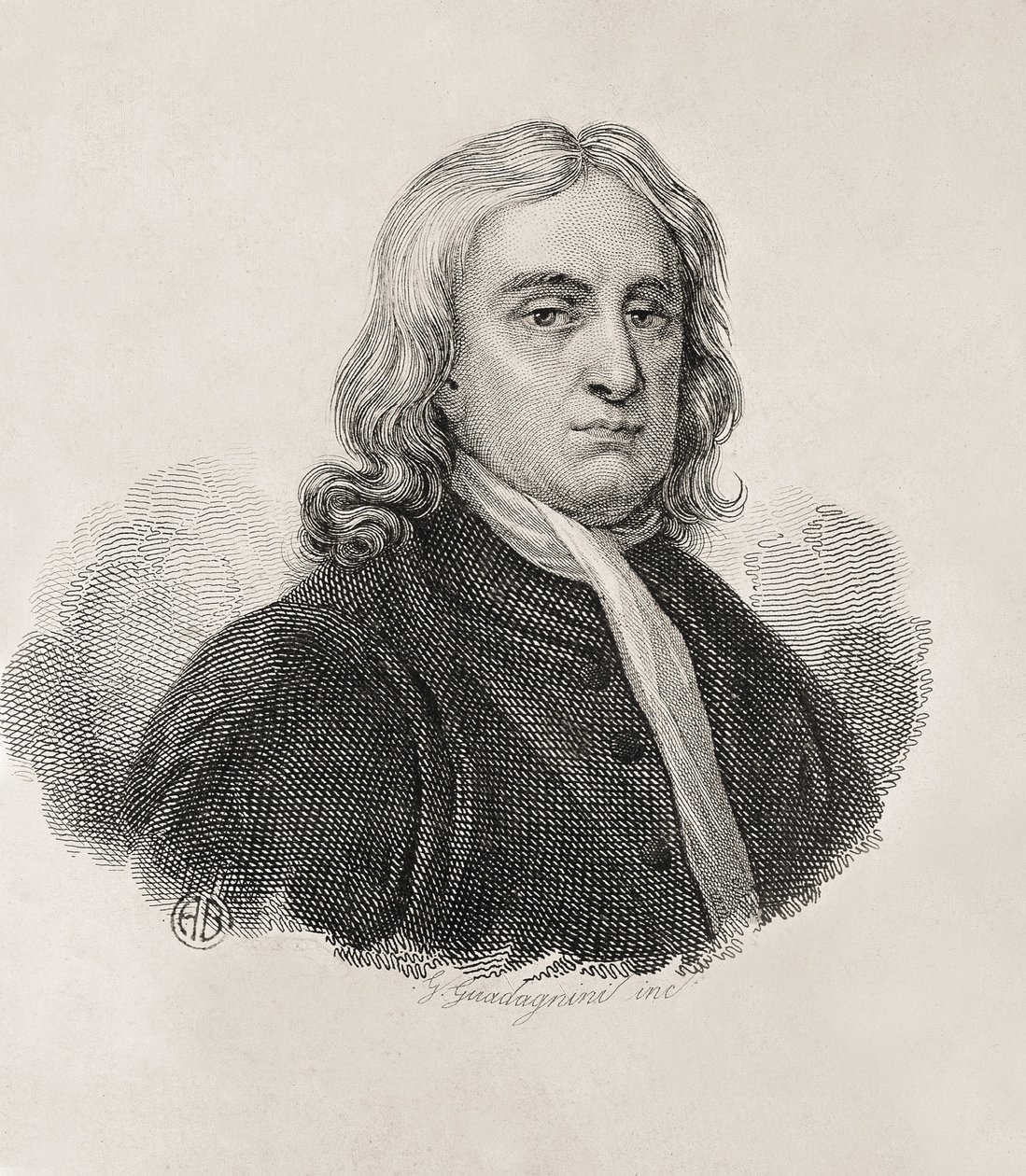 Newton, Sir Isaac (1642-1727)。イギリスの数学者、物理学者、天文学者。イタリアの彫刻家。アイザック・ニュートンの肖像、ガエタノ・グァダニーニによる作品。エングレーヴィング。イタリア.LOMBARDY.ミラノ。チヴィカ・ラッコルタ・デッレ・スタンプ "アチ 作： アーティスト不明