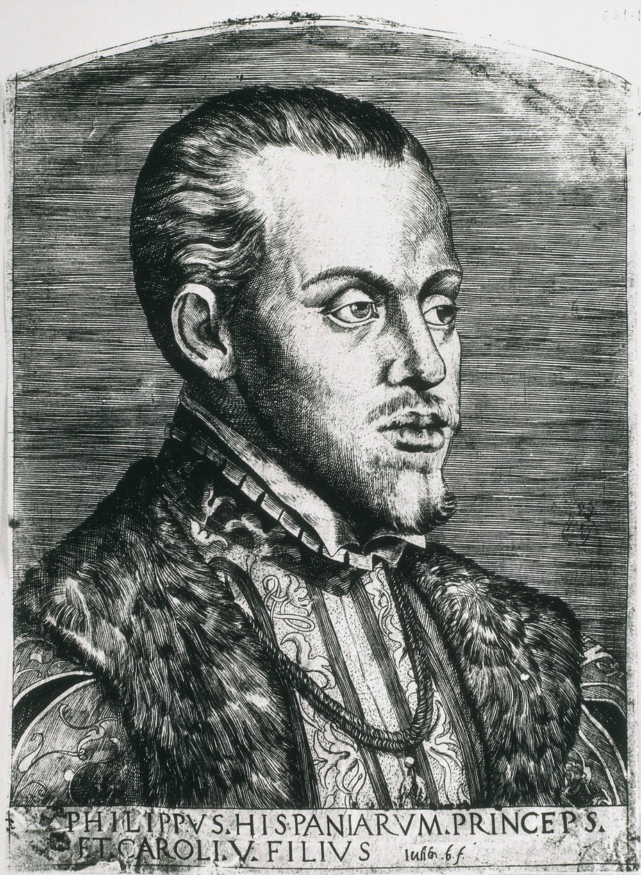 スペイン王フィリップ2世（1527-1598）。スペイン王（1556-1598）、ポルトガル王（1580-1598）。フィリップ王子の肖像。キシログラフィ。 作： アーティスト不明