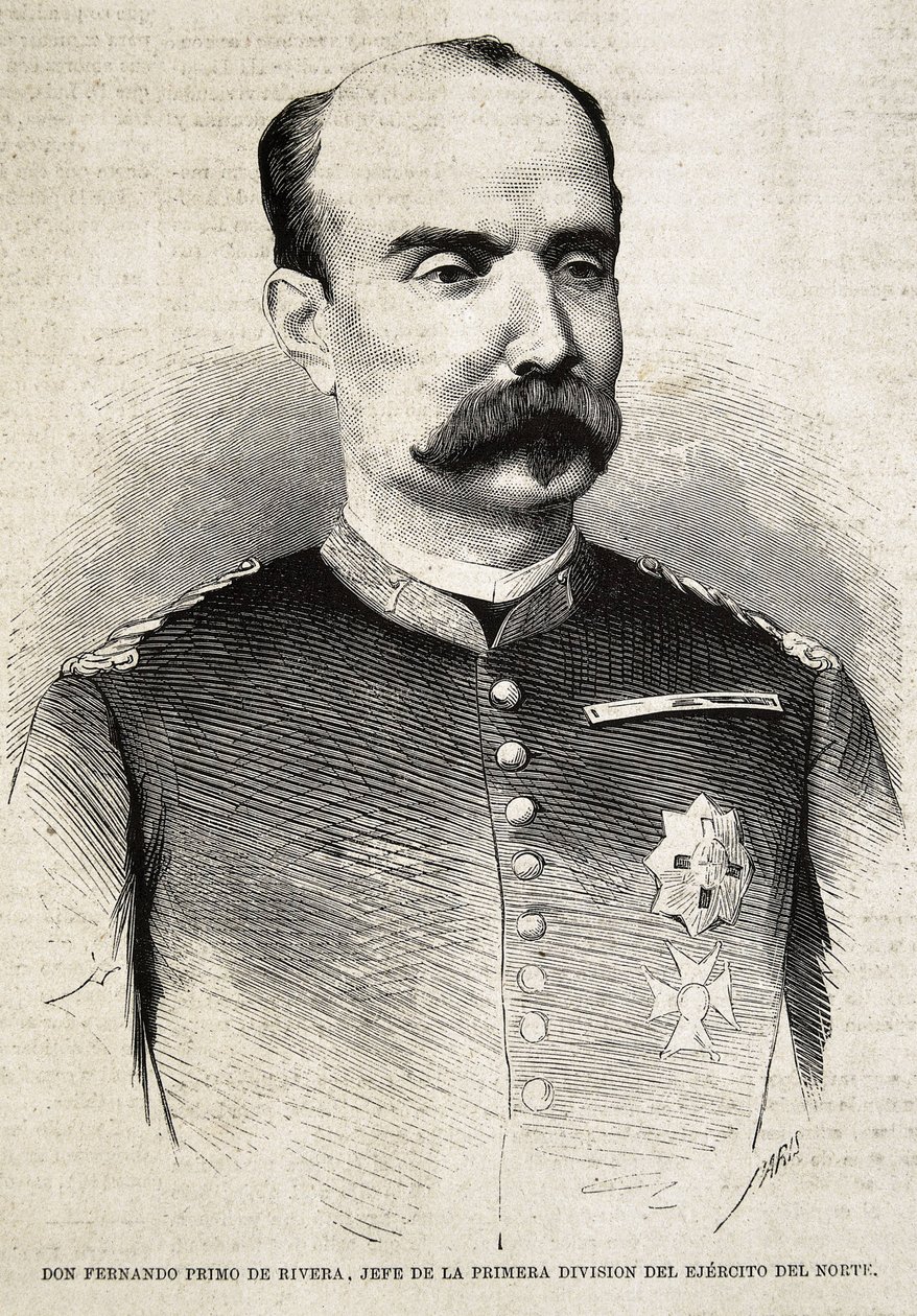 PRIMO DE RIVERA, Fernando (1831-1921)。スペインの軍人、政治家。第3次カーリスト戦争で戦ったフェルナンド・プリモ・デ・リベラ。エングレーヴィング。 作： アーティスト不明