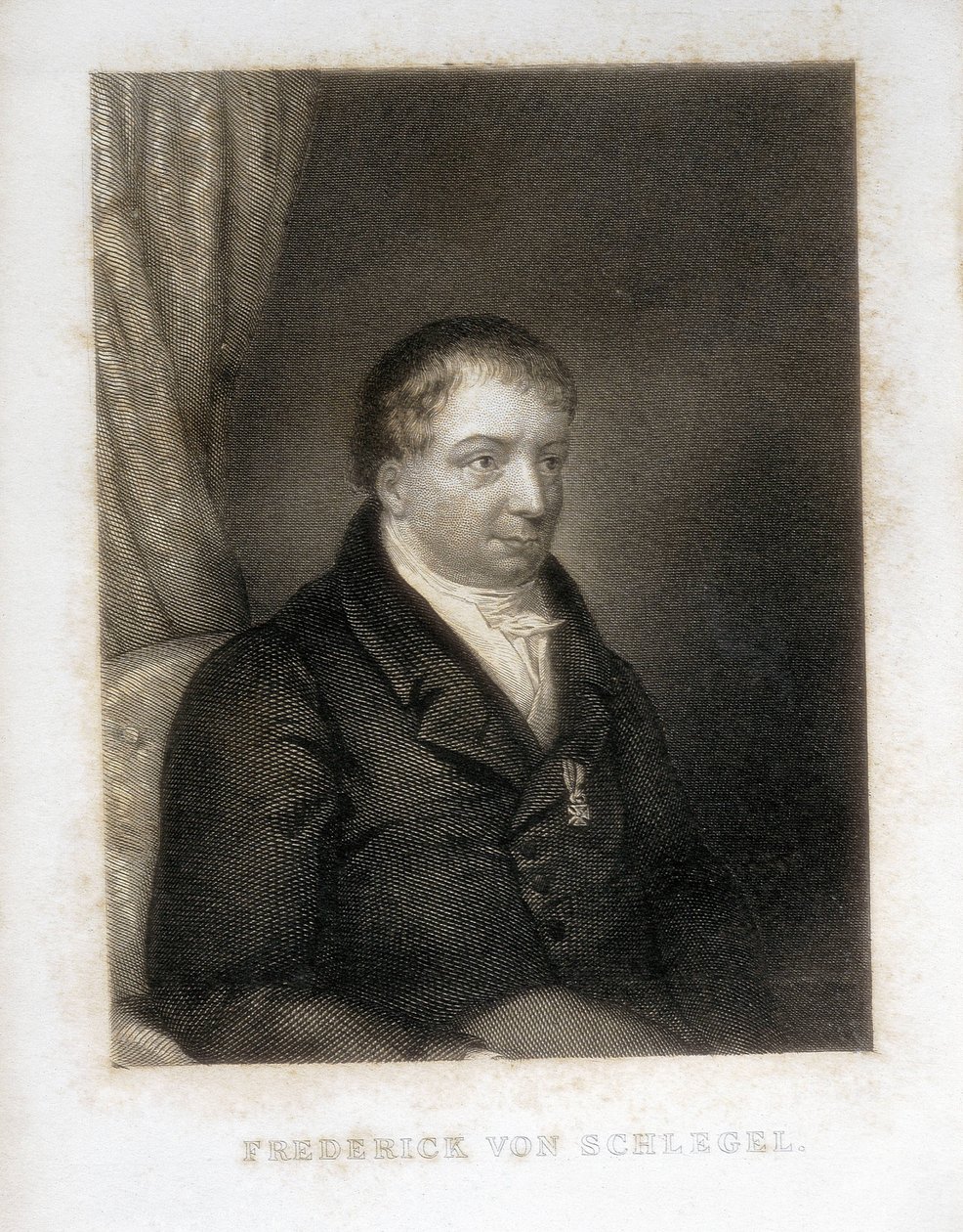 シュレーゲル、フリードリヒ・フォン（1772-1829）。ドイツの詩人、批評家、学者。ドイツ・ロマン主義の批評家。エングレーヴィング。 作： アーティスト不明