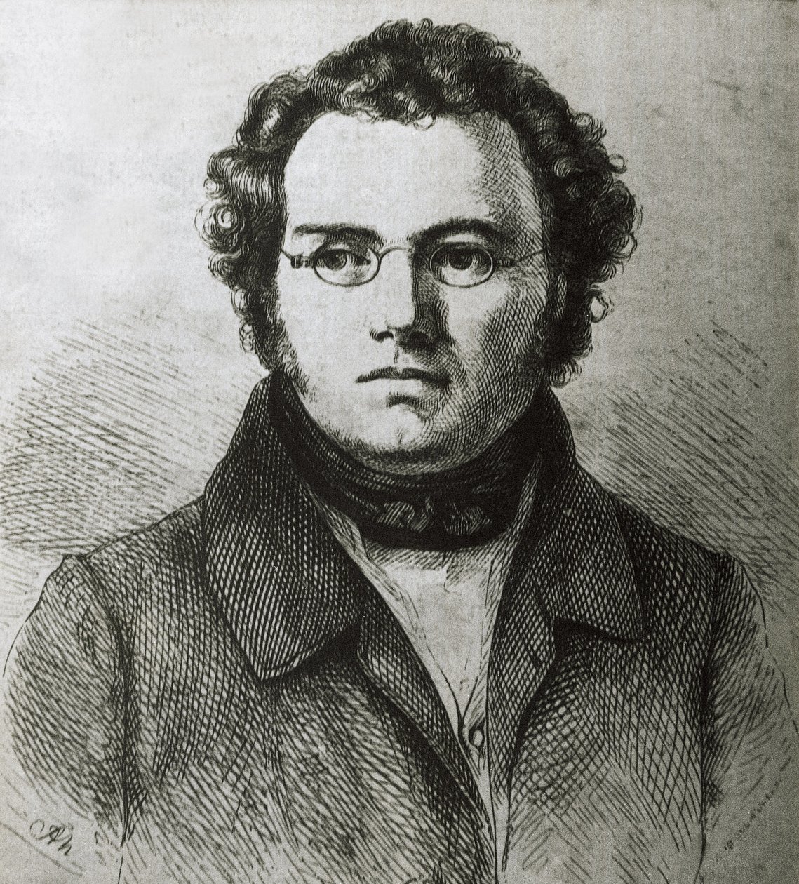 シューベルト，フランツ（1797-1828）。オーストリアのロマン派作曲家。エッチング 作： アーティスト不明