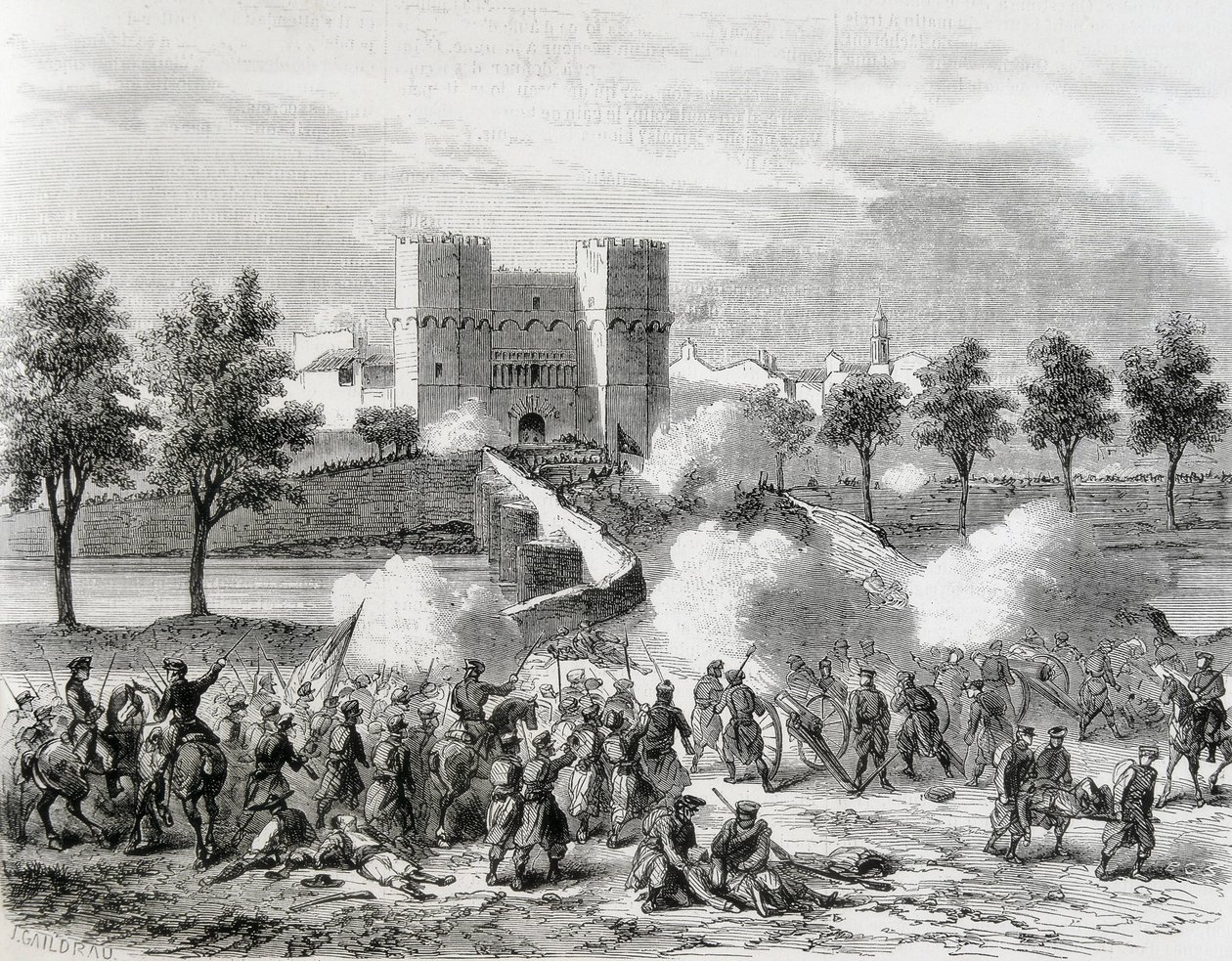 スペイン（1868年）。栄光の革命バレンシアのセランス門における政府軍の攻撃。イラストレーション』からのエングレーヴィング。ジョリナル・ユニバーサル』より。エッチング 作： アーティスト不明