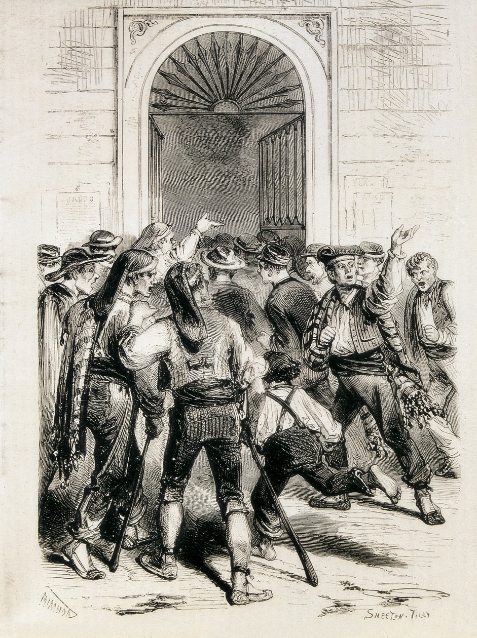 スペイン（1873年）。第一共和制の宣言とバルセロナ市庁舎の襲撃（1873年2月11日）。エッチング。 作： アーティスト不明
