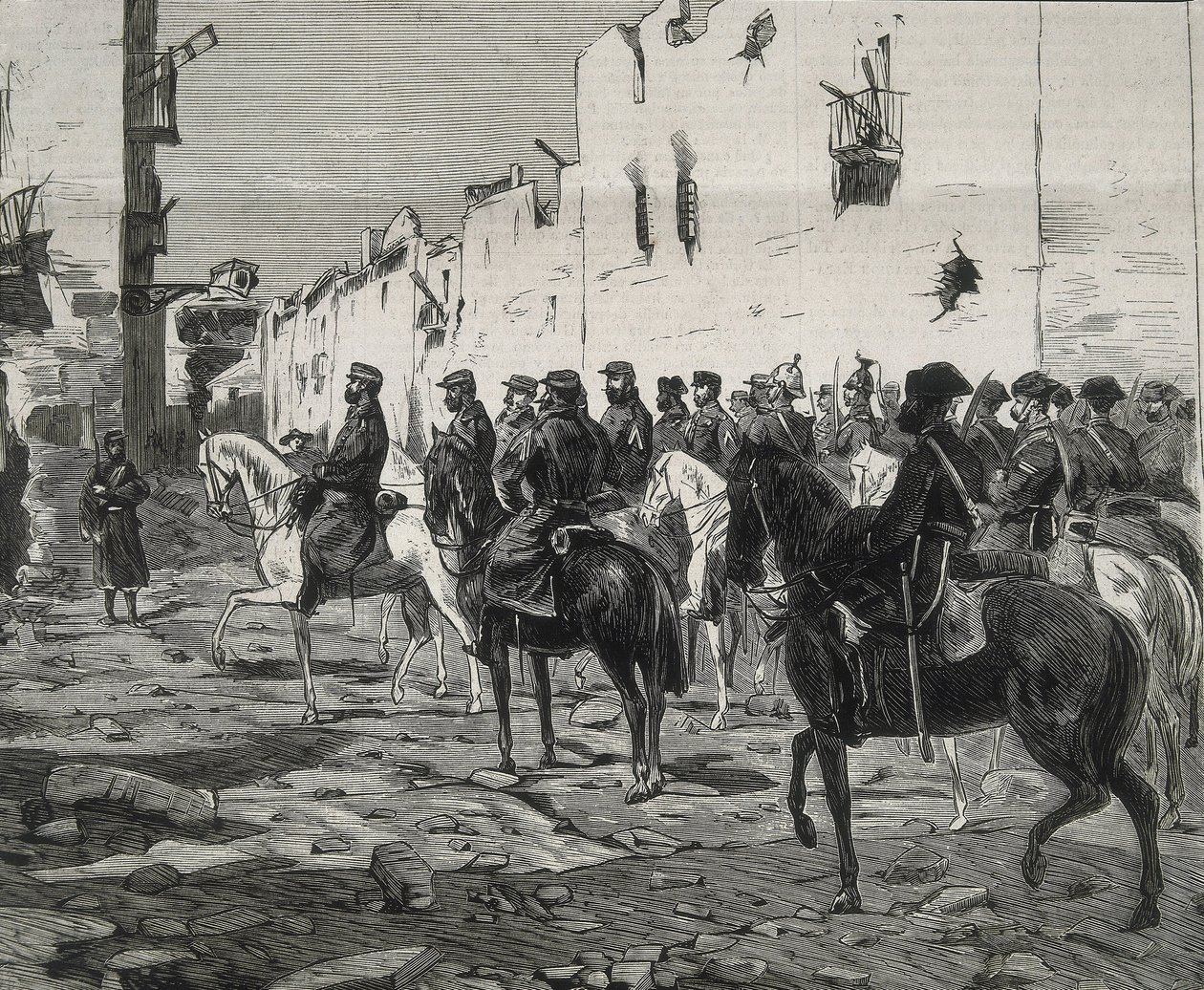 スペイン第一共和制（1873-1874）。カルタヘナのカントンカルタヘナ降伏後のホセ・ロペス・ドミンゲス将軍。La Ilustracion Espanola y Americana "に掲載された画像。エッチング。 作： アーティスト不明