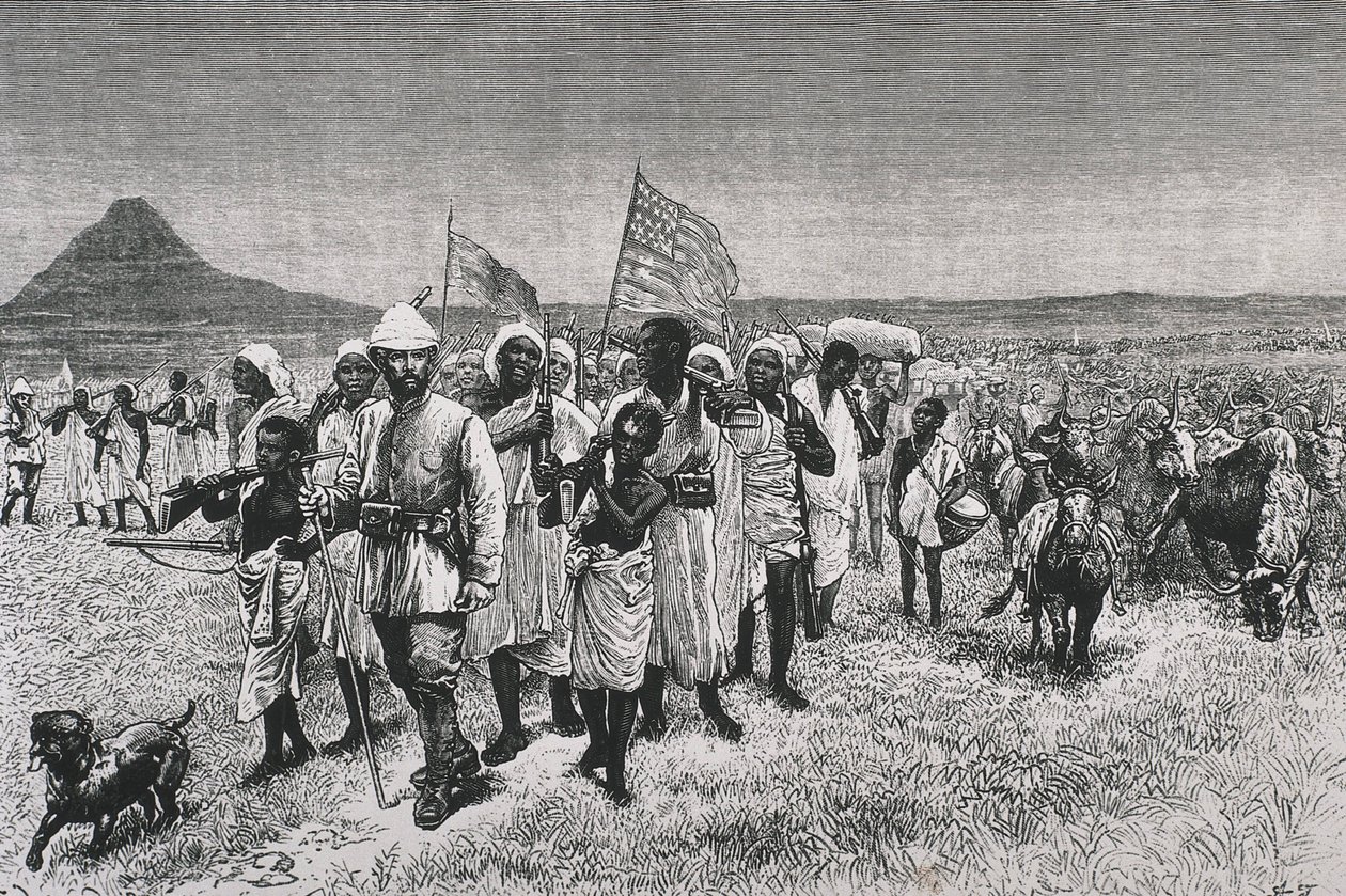 スタンレー、ヘンリー・モートン卿（1841-1904）。"Through the Ounyoro", "Through the Dark Continent "のフランス版挿絵。エッチング。フランス.イル＝ド＝フランス.パリ.装飾美術図書館 作： アーティスト不明