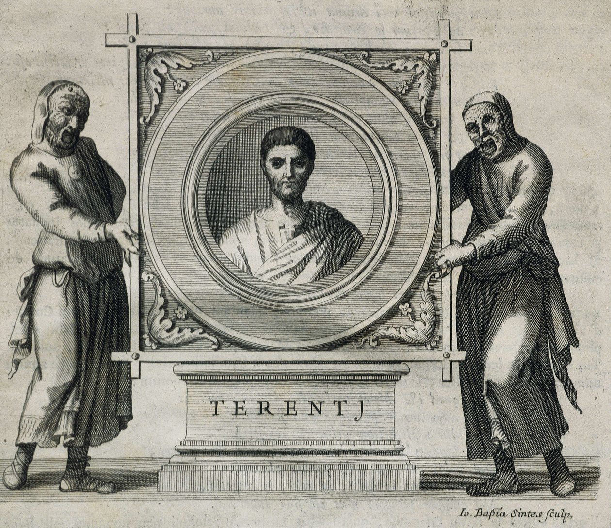 TERENCE, Publius Terentius Afer（前190-154）。ローマ共和国時代の劇作家。エングレーヴィング。1736.エングレーヴィング 作： アーティスト不明