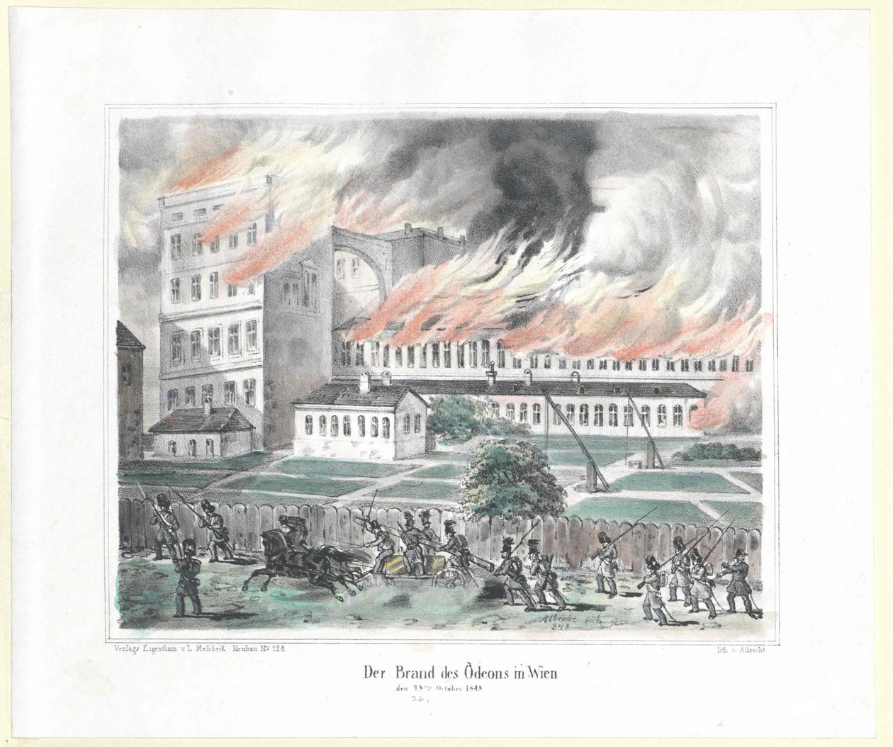 1848年10月28日、ウィーンのオデオン座の発火事件 作： アーティスト不明