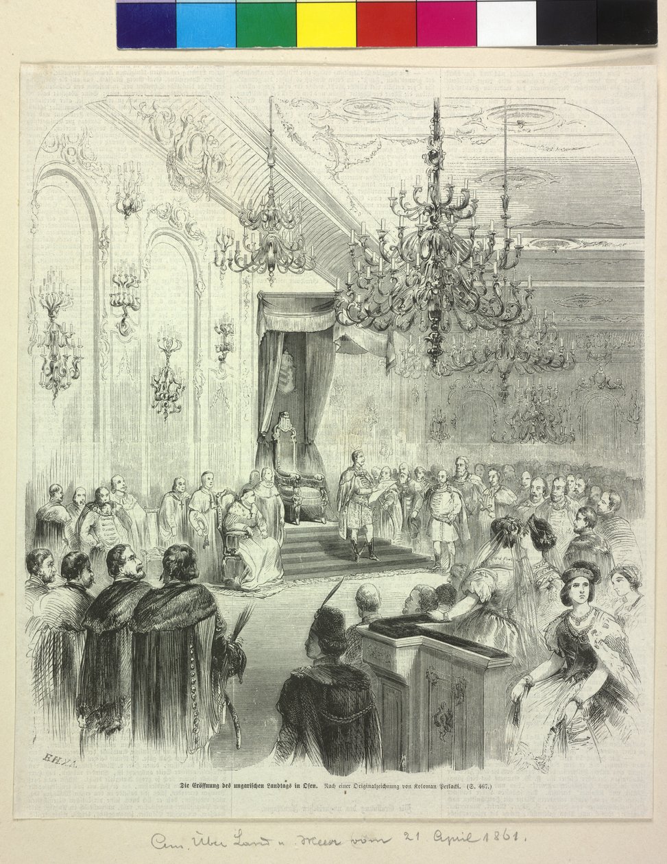 1861年4月6日、ジョージ・アッポーニ伯爵によってブダで行われたハンガリー州議会の開会式 作： アーティスト不明