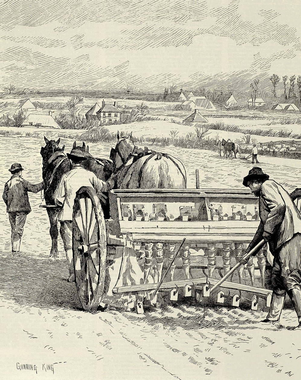 イギリスENGLAND.産業革命。ジェスロ・タルが発明した掘削機。2月の大麦の播種。The Illustrated London News』に掲載されたガニング・キングの絵。エングレーヴィング。 作： アーティスト不明