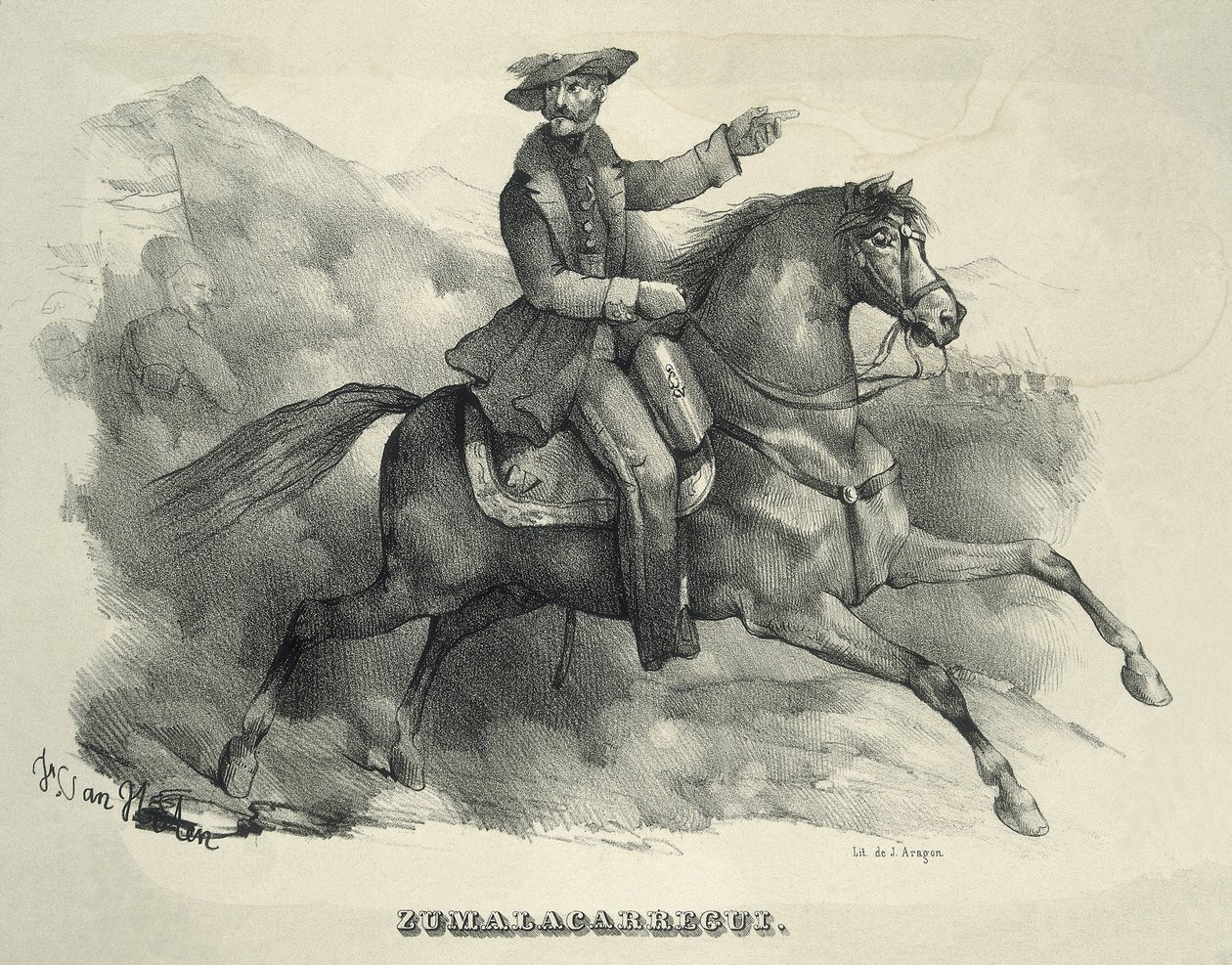 ZUMALACARREGUI, Tomas (1788-1835)。カーリスト将軍。スペイン。第一次カーリスト戦争。馬に乗るスマラカレギ。エングレーヴィング。 作： アーティスト不明