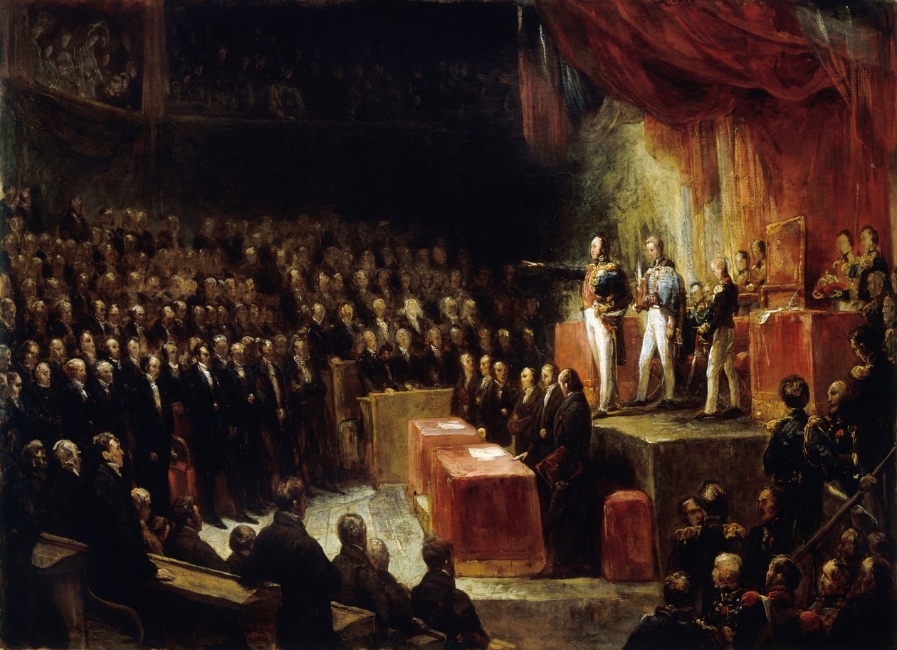 1830 年 8 月 9 日、ルイ フィリップは議会の前で憲法に関する宣誓を行います。 作： アリー・シェファー
