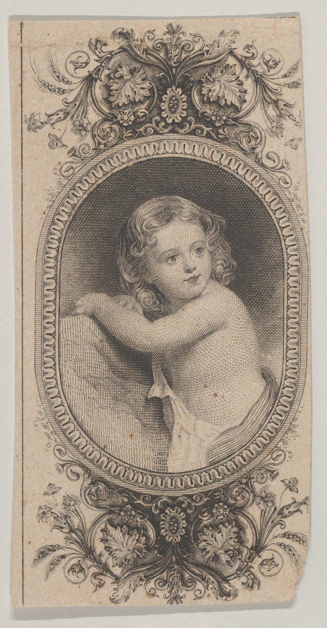 紙幣のモチーフ: 子供の肖像画と、花柄に囲まれた 2 つの楕円形の模様。 1824-37。 作： アッシャーブラウンデュランド。